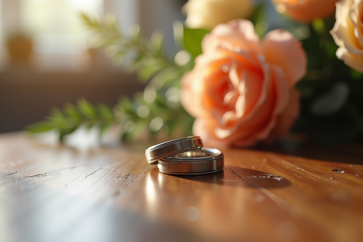 Alliances de mariage sur une table en bois avec fleurs