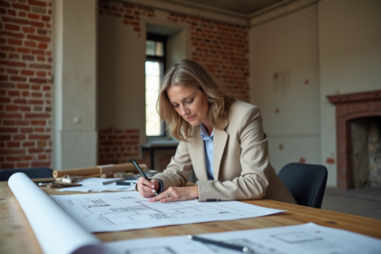 Architecte femme examinant plans de renovation dans un intérieur ancien