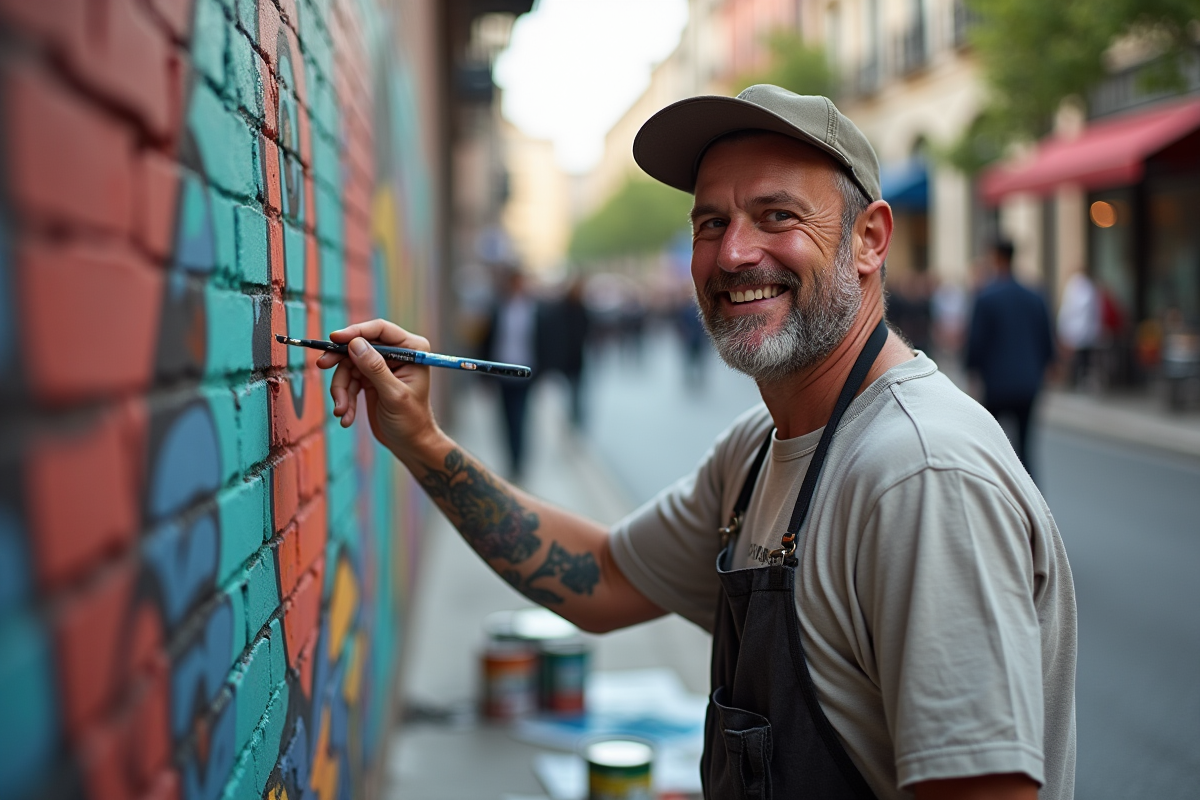 Artiste de rue peignant un mural urbain en extérieur