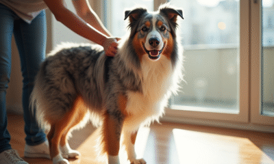 Chien Australian Shepherd bleu merle à l'intérieur en lumière naturelle