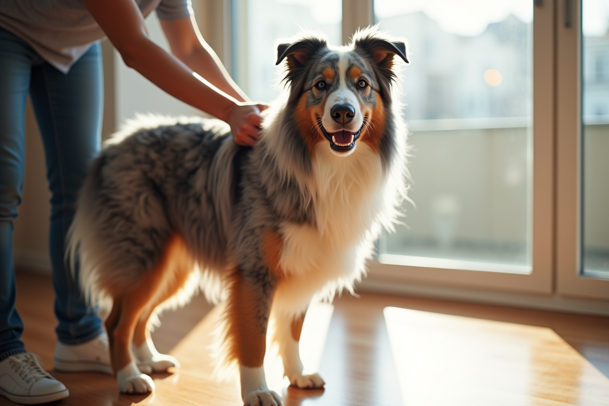 Chien Australian Shepherd bleu merle à l'intérieur en lumière naturelle