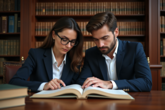 Femme et jeune homme en bibliothèque de droit