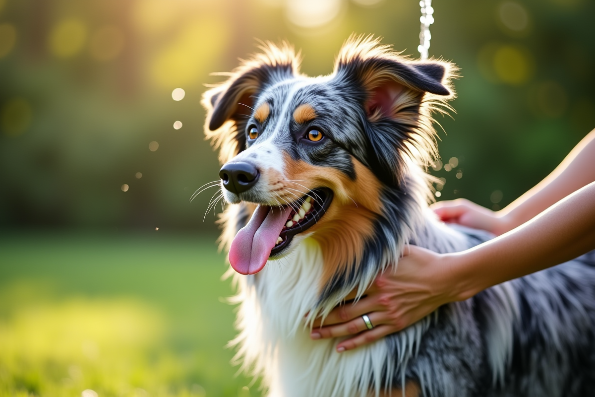 Chien Australian Shepherd bleu merle mouillé dans un jardin en été