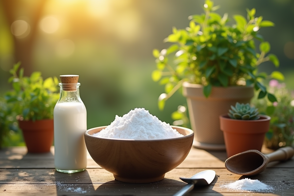 Bol avec bicarbonate et vinaigre sur table en plein air avec plantes