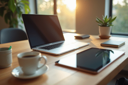 Espace de travail moderne avec ordinateur et smartphone lumineux