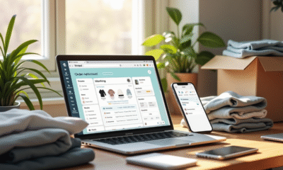 Espace de travail lumineux avec ordinateur affichant Vinted