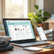 Espace de travail lumineux avec ordinateur affichant Vinted