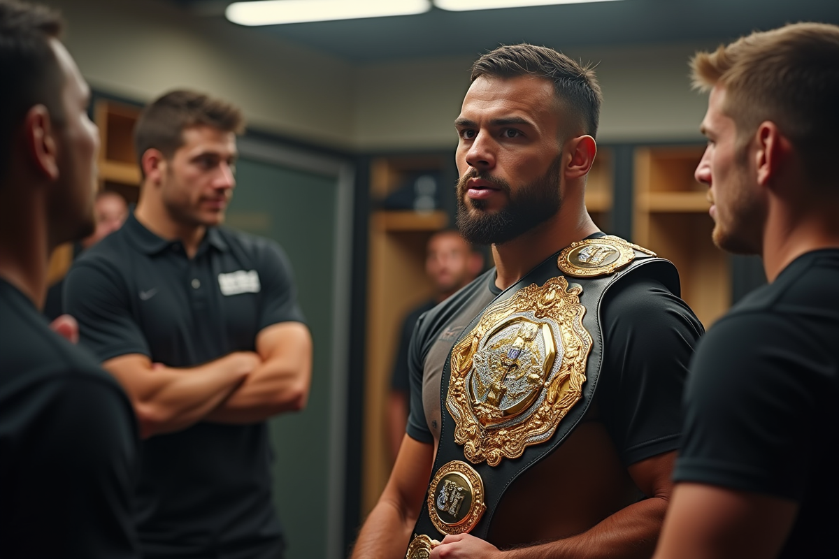 Un artiste martial avec une ceinture de champion dans un vestiaire lumineux