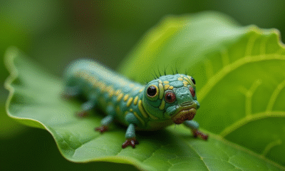 Chenille de sphinx sur une feuille verte en gros plan