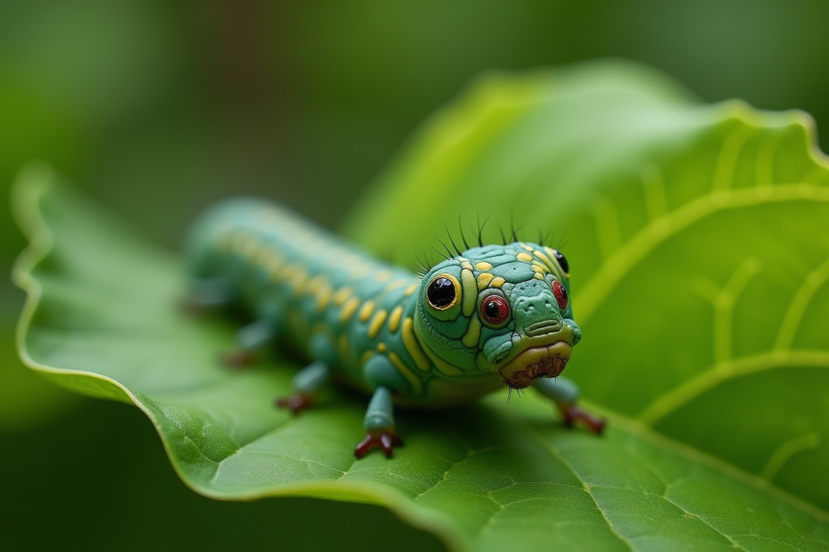 Chenille de sphinx sur une feuille verte en gros plan