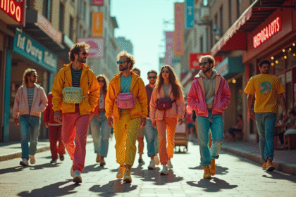 Scène de rue animée des années 80 avec foule colorée