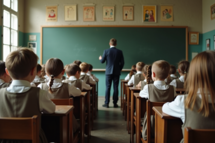 Enfants en classe ancienne avec professeur et tableau