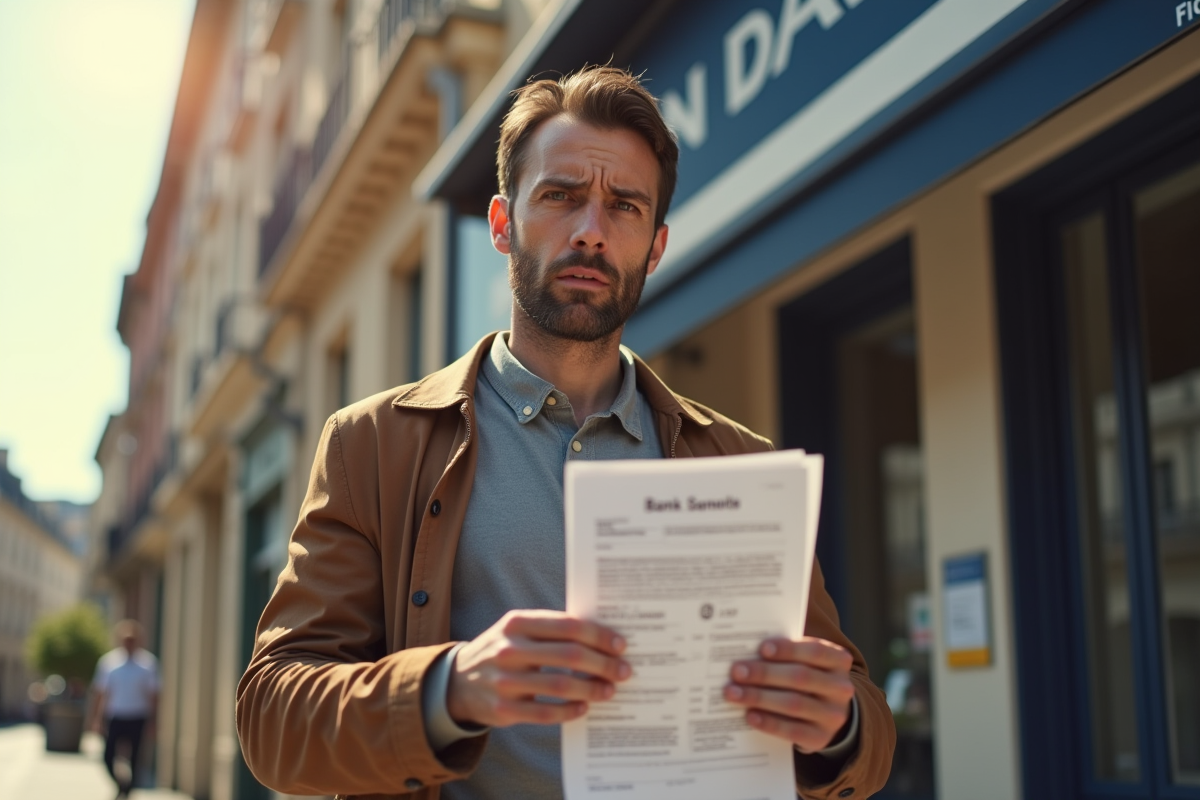Client mécontent devant une banque française avec un relevé rejeté