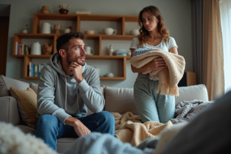 Deux jeunes adultes frustrés dans un salon en désordre