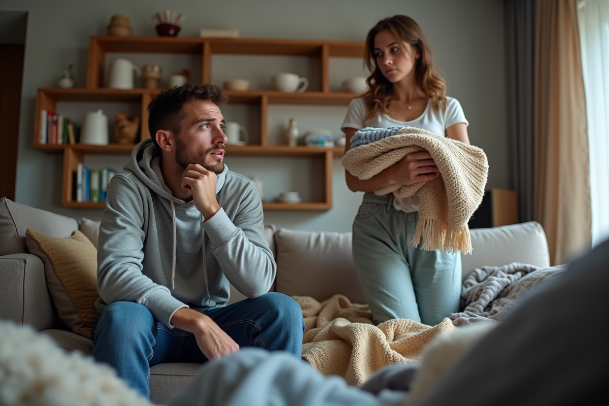Deux jeunes adultes frustrés dans un salon en désordre