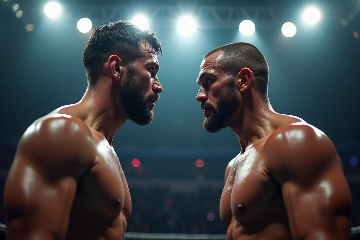 Deux combattants d MMA face à face dans un octogone éclairé
