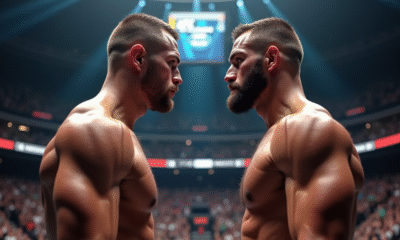 Deux combattants de MMA face a face dans une arene UFC animée