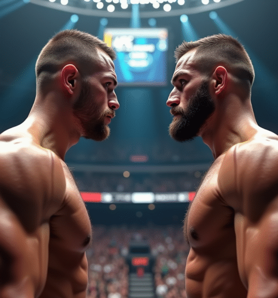 Deux combattants de MMA face a face dans une arene UFC animée