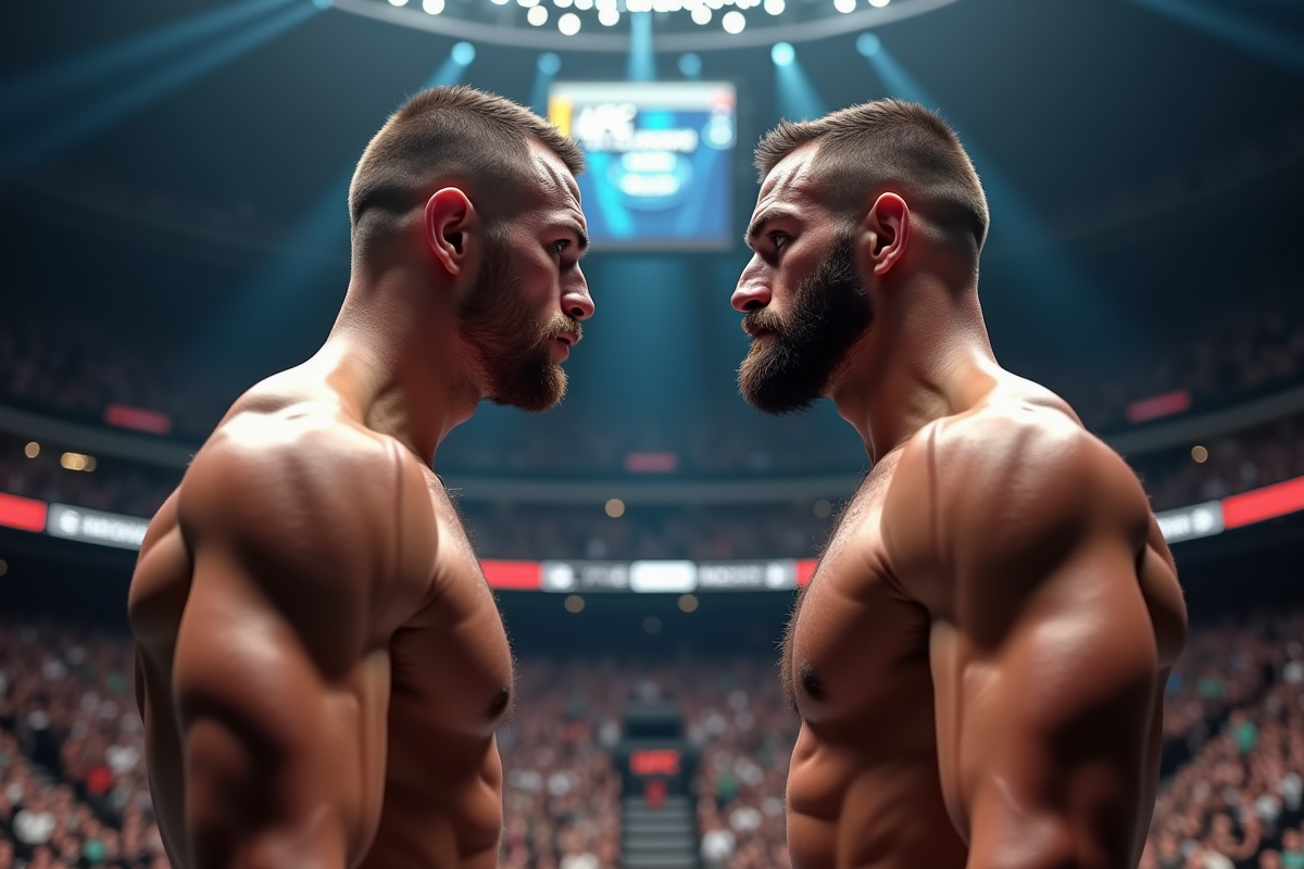 Deux combattants de MMA face a face dans une arene UFC animée