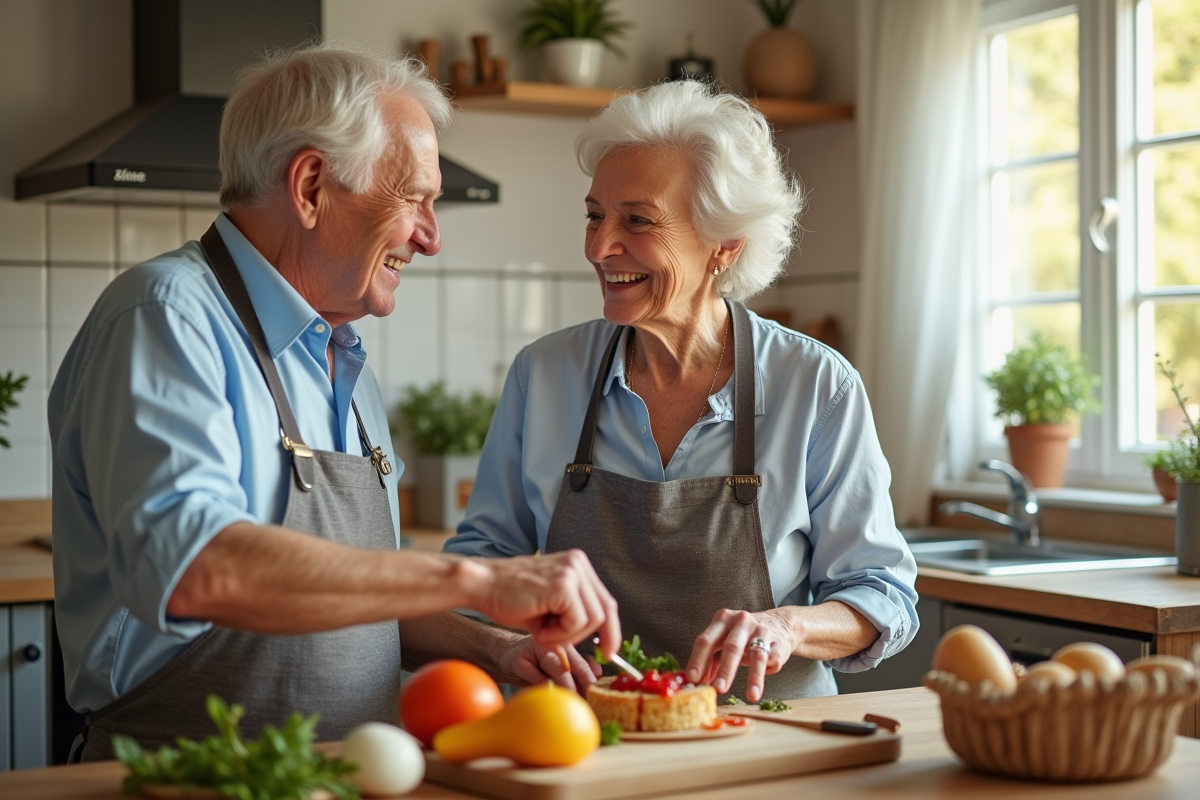 Couple senior préparant un repas dans une cuisine lumineuse