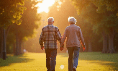 Couple senior se tenant la main dans un parc ensoleille