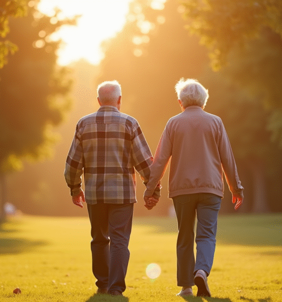 Couple senior se tenant la main dans un parc ensoleille