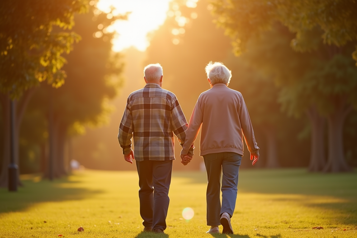 Couple senior se tenant la main dans un parc ensoleille