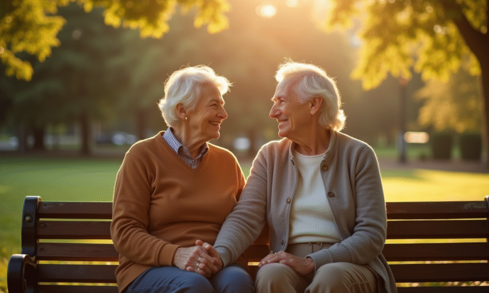 Couple senior assis sur un banc dans un parc ensoleille avec sourires