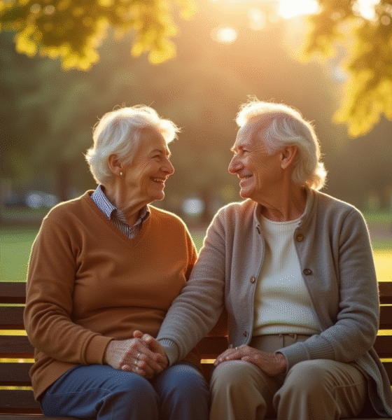 Couple senior assis sur un banc dans un parc ensoleille avec sourires