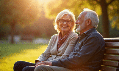 Couple senior assis sur un banc ensoleille dans un parc