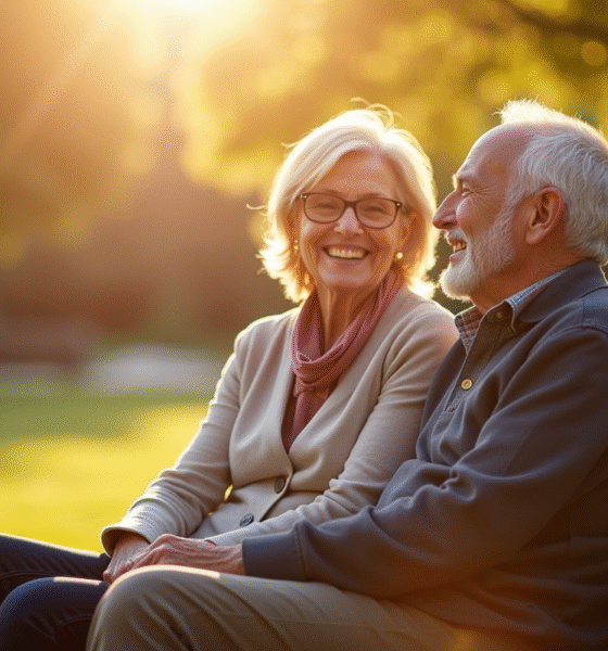 Couple senior assis sur un banc ensoleille dans un parc