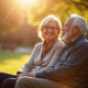 Couple senior assis sur un banc ensoleille dans un parc