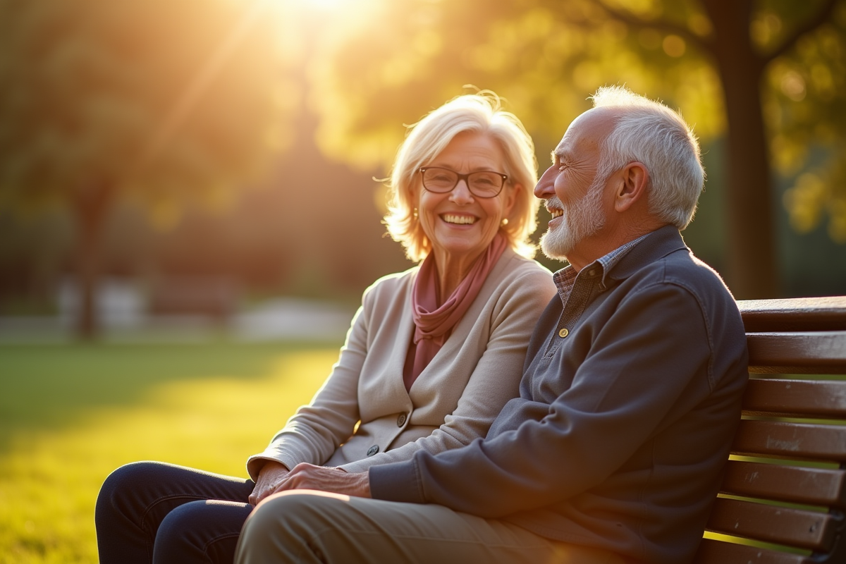 Couple senior assis sur un banc ensoleille dans un parc