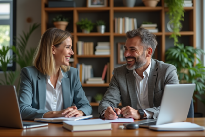 Couple d'adultes en réunion dans un bureau à domicile