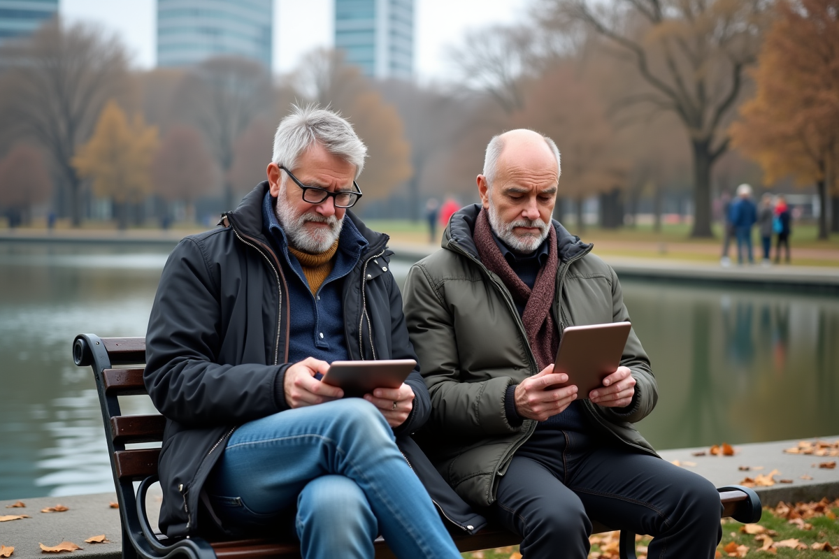 Deux hommes âgés utilisant des tablettes au bord d’un lac urbain