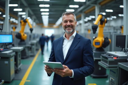 Manager d'usine en costume observant la production automatisée