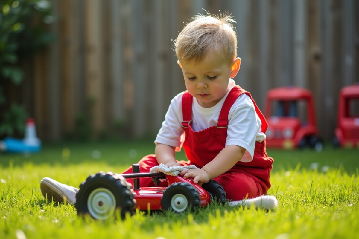Jeune garçon nettoyant sa mini moto dans le jardin