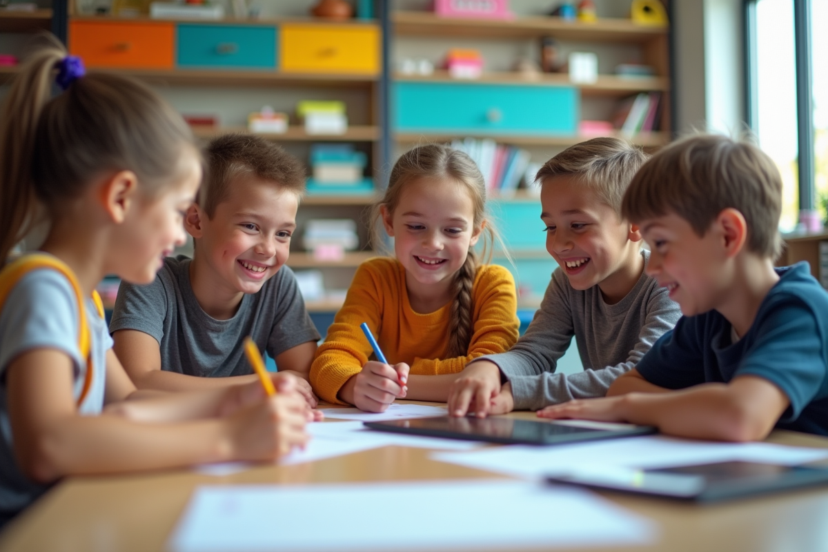 Enfants modernes collaborant autour d