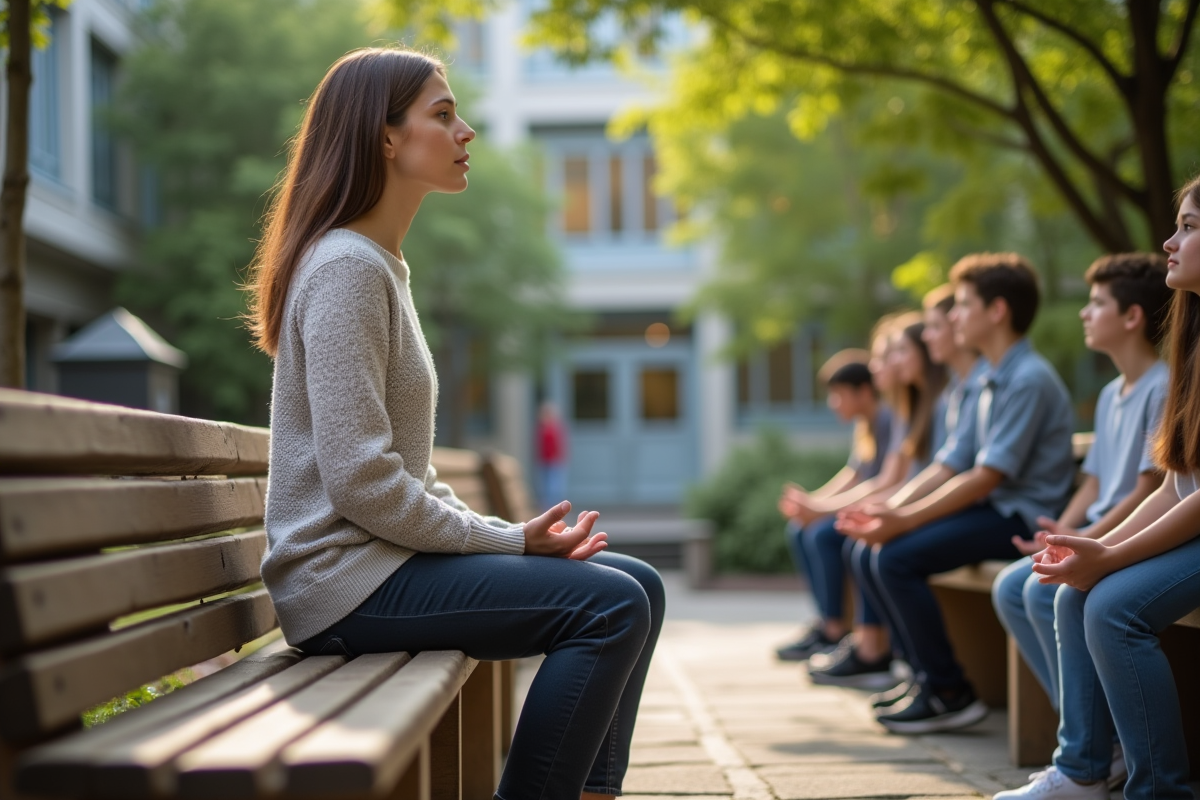 Professeure guidant une séance de pleine conscience en extérieur