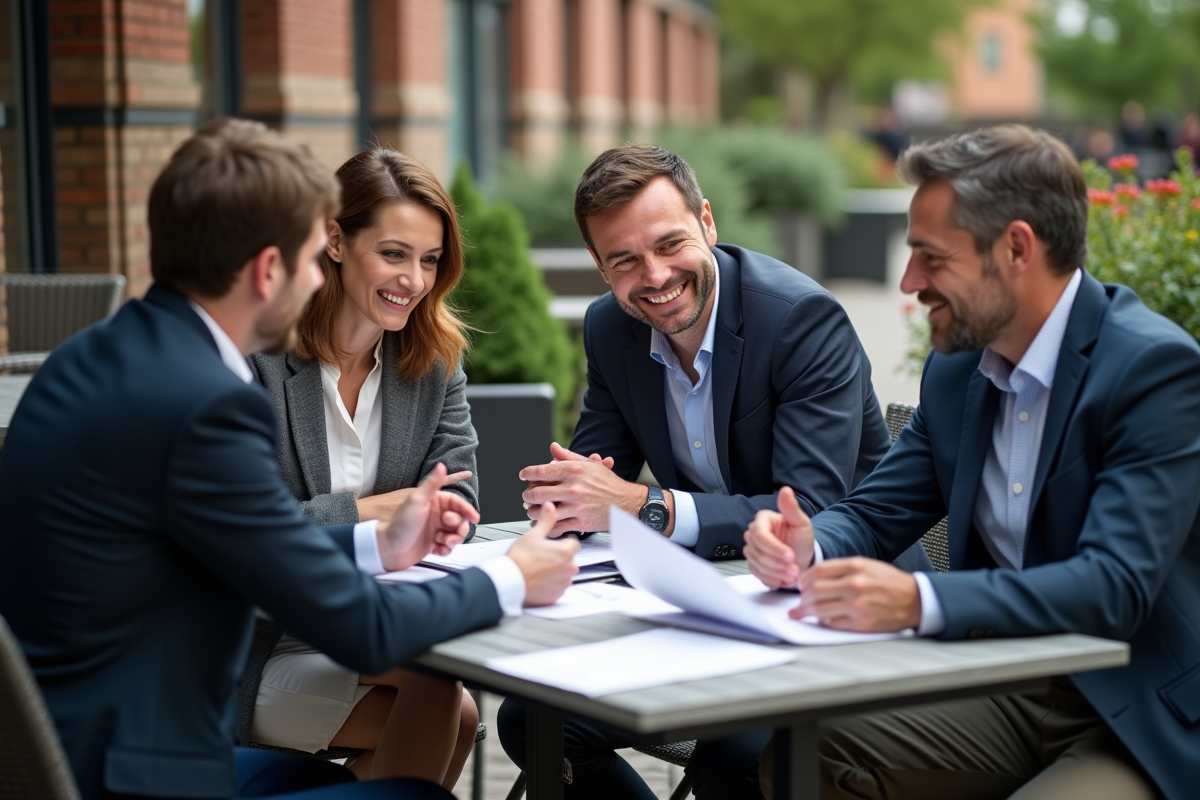 Groupe de professionnels discutant autour d un café en ville