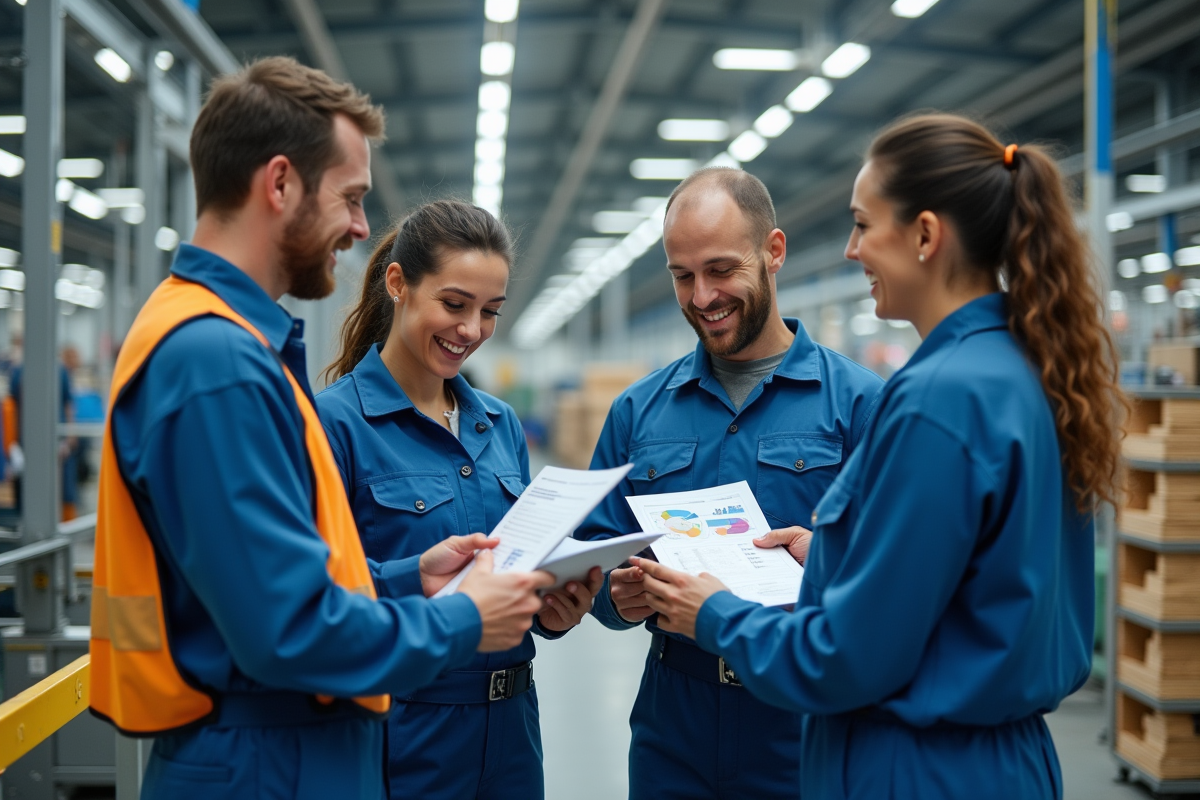 Equipe de travailleurs en uniforme analysant des graphiques