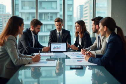 Groupe de professionnels autour d'une table avec tableau blockchain