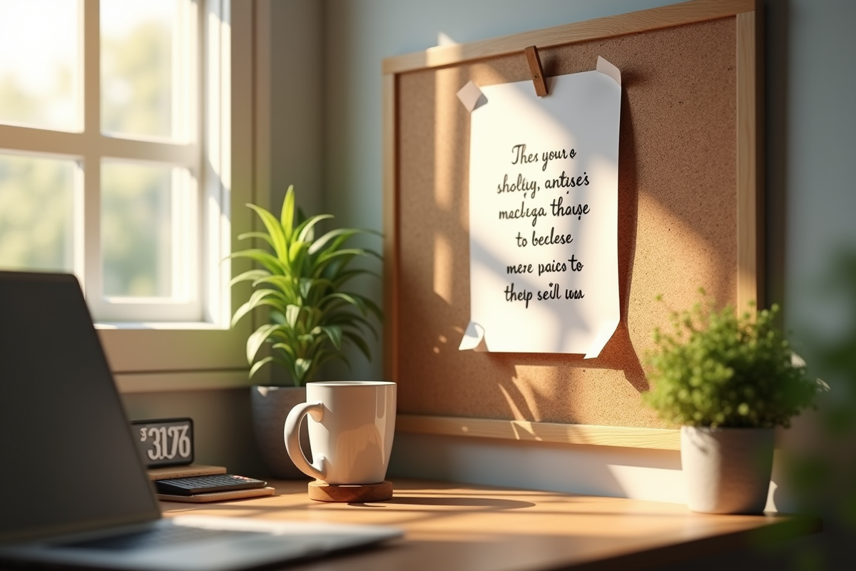Espace de travail calme avec citation motivation et plante verte