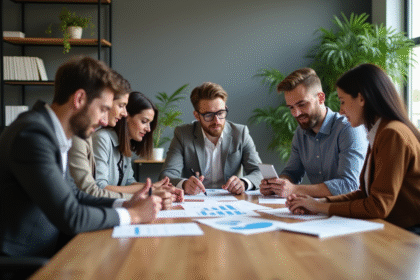 Groupe de professionnels en réunion d'évaluation