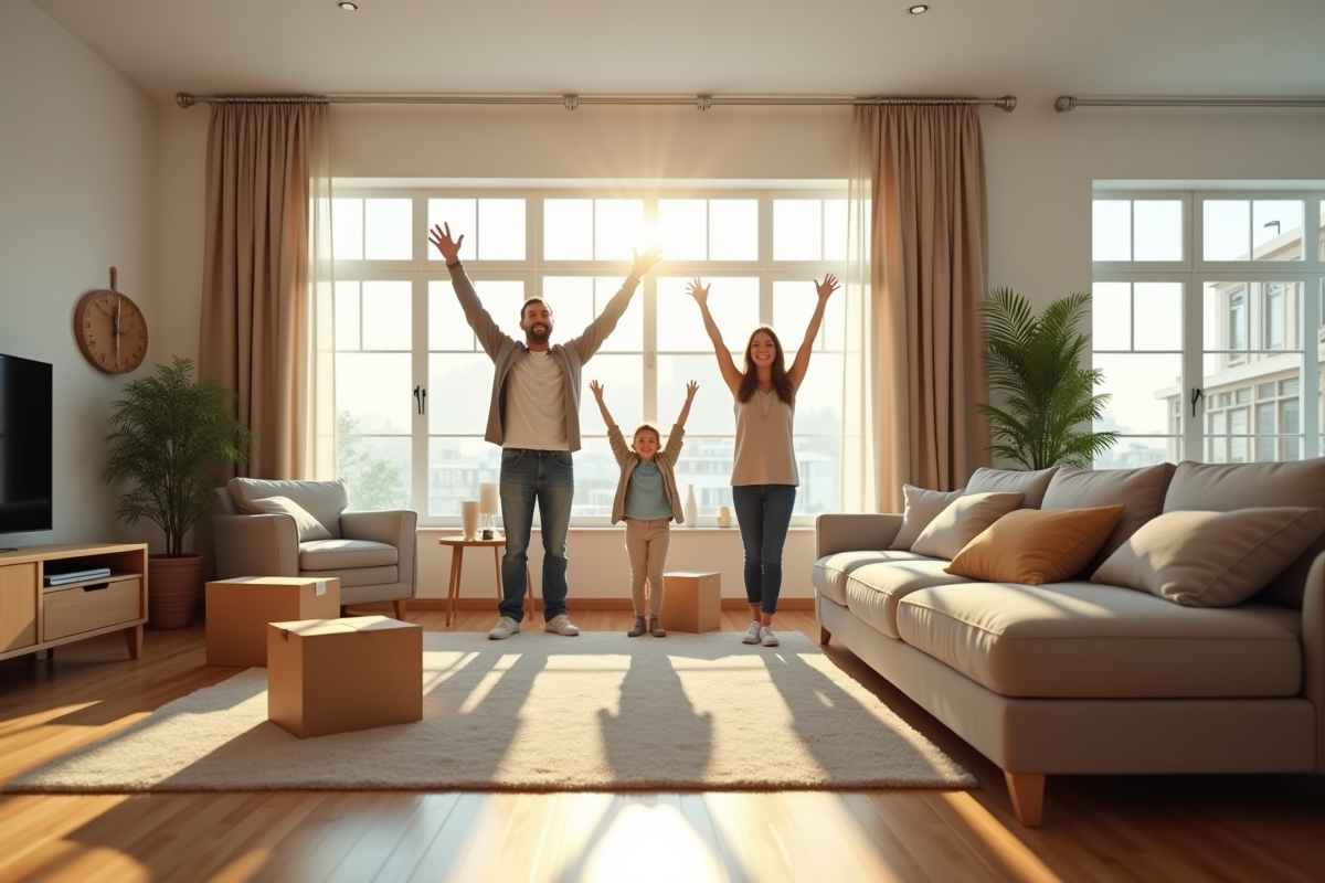 Famille heureuse dans un salon lumineux avec des cartons de déménagement