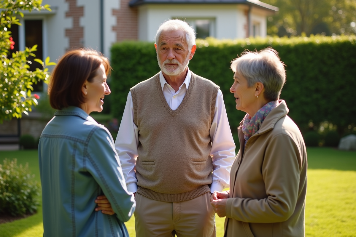 Groupe familial en discussion dans un jardin ensoleille