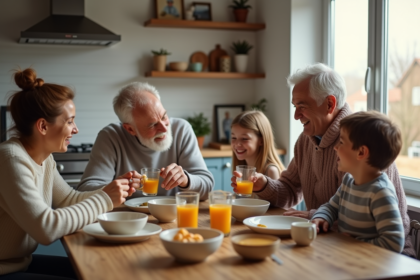 Famille multigenerational autour d'un petit déjeuner convivial