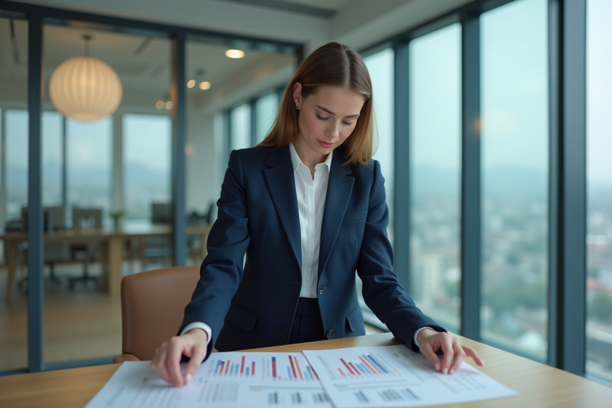 Femme d'affaires en costume bleu dans un bureau moderne