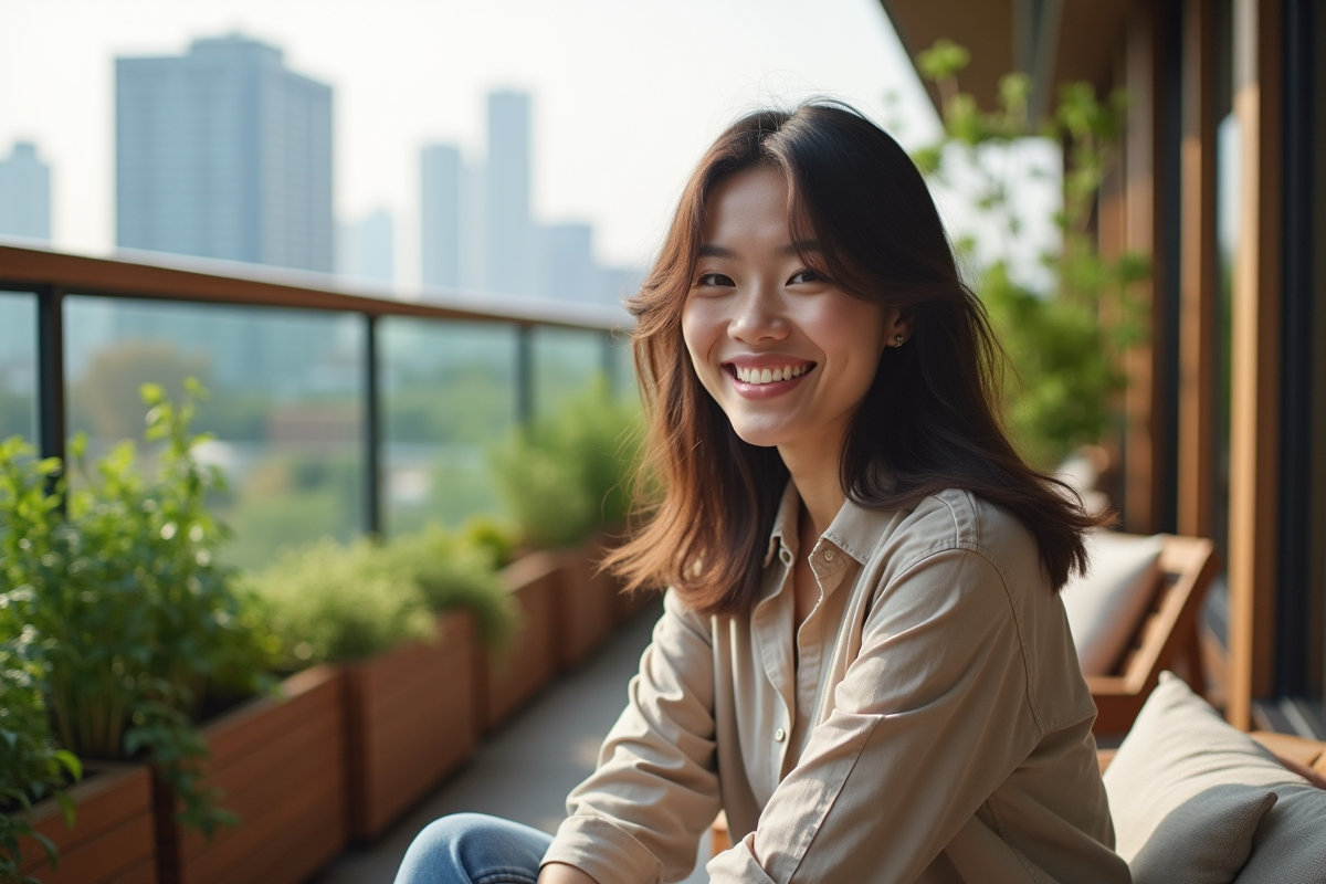Jeune femme souriante sur un balcon urbain futuriste