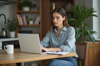 Jeune femme analysant un budget dans sa cuisine